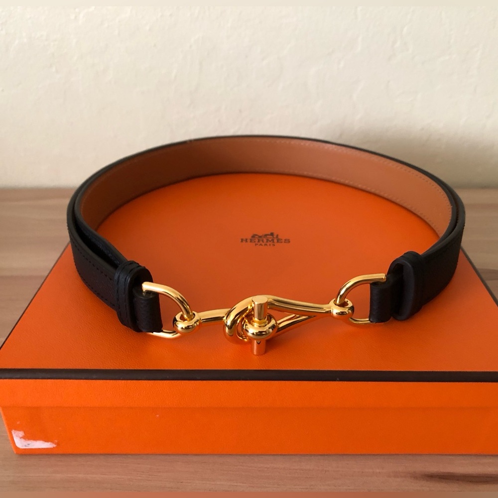 Hermes Black Leather Belt with Gold Buckle
